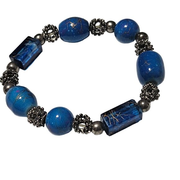 Elegant Handcrafted Blue Beaded Silver Tone Chunky Statement Bracelet Jewelry - Picture 1 of 3